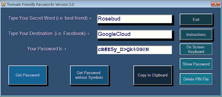 Tomvale Friendly Passwords Generator Main Screen